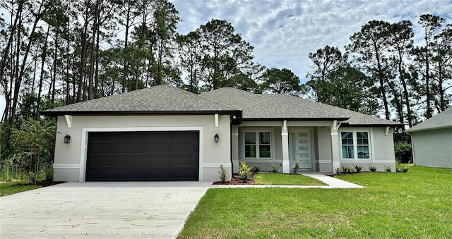 ranch-style house featuring driveway, a shingled roof, a garage, and stucco siding