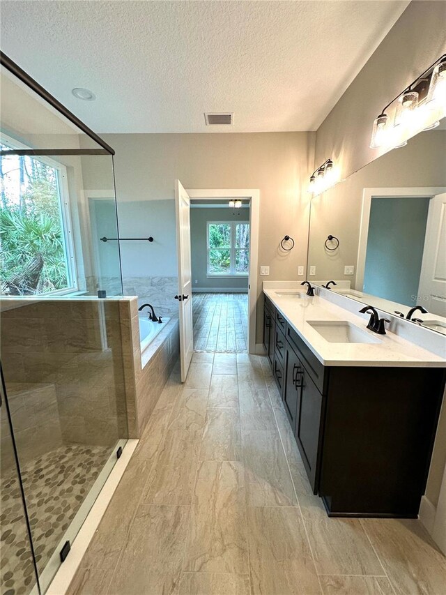 6 Lake Pl, Palm Coast, FL 32137 - full bathroom featuring a bath, double vanity, tiled shower, and a textured ceiling