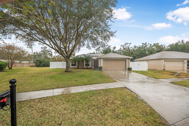 ranch-style home with a front yard and a garage