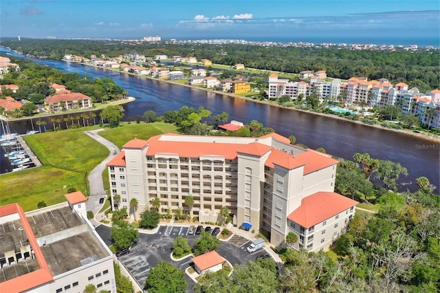 aerial view featuring a water view