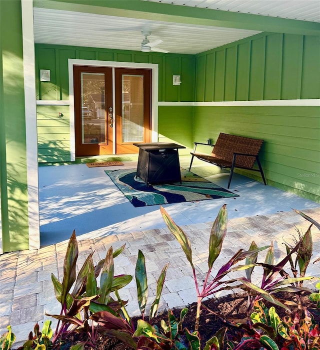 view of patio / terrace with ceiling fan and french doors