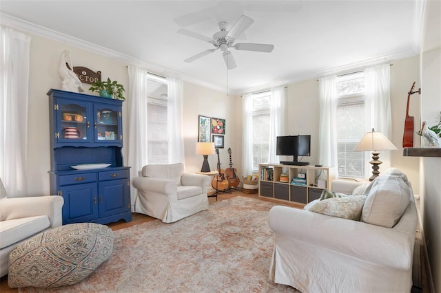 living room featuring light wood-type flooring, ceiling fan, and ornamental molding