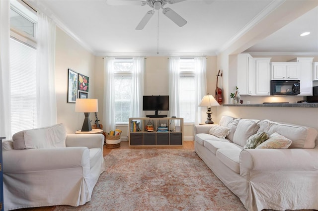 living room with ceiling fan and crown molding