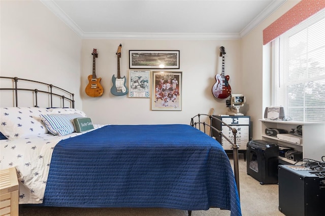 bedroom featuring crown molding and carpet