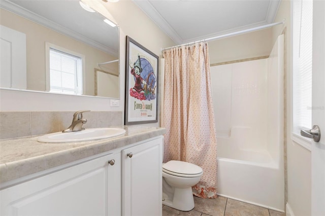 full bathroom featuring shower / bath combo, ornamental molding, vanity, tile patterned flooring, and toilet