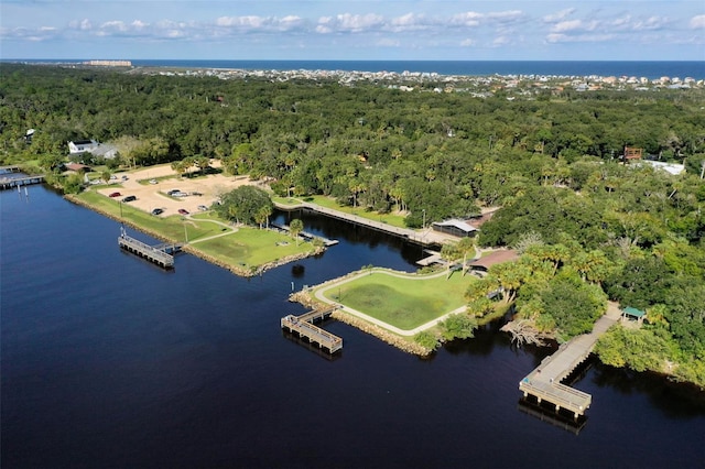 drone / aerial view with a water view