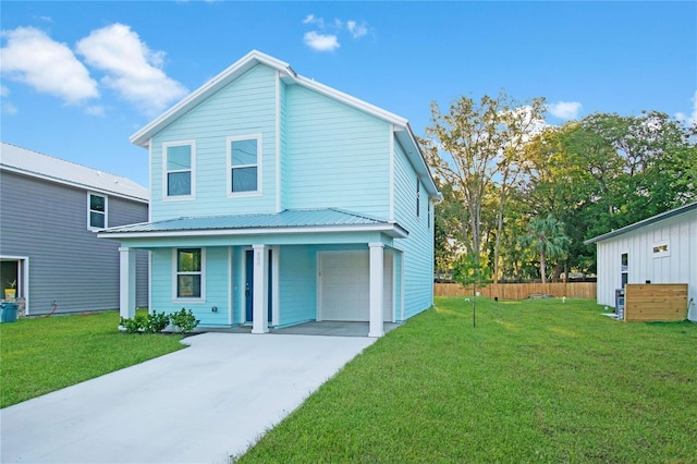 view of front facade featuring covered porch, a garage, and a front lawn