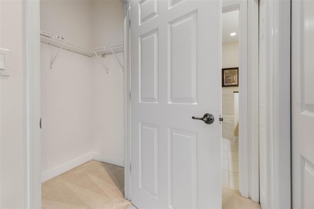 walk in closet featuring light carpet