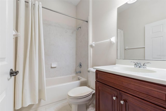 full bathroom with vanity, toilet, and shower / bath combo with shower curtain