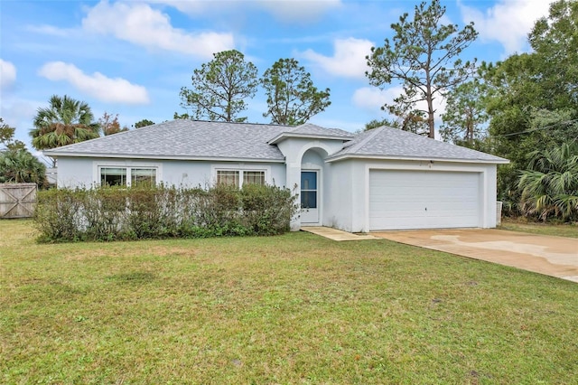 ranch-style home featuring a front yard and a garage