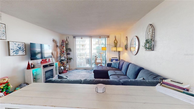 living room featuring a textured ceiling