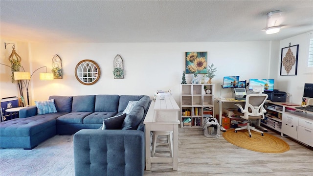 living room with a textured ceiling and light wood-type flooring