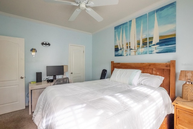 carpeted bedroom with ceiling fan and ornamental molding