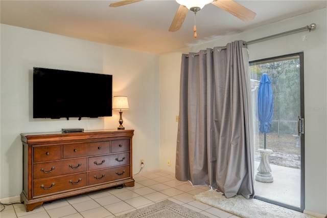 tiled bedroom featuring access to outside and ceiling fan