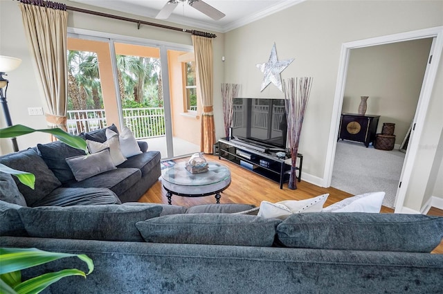 living area featuring a ceiling fan, crown molding, baseboards, and wood finished floors