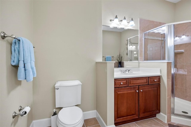 bathroom with toilet, a stall shower, vanity, baseboards, and tile patterned floors