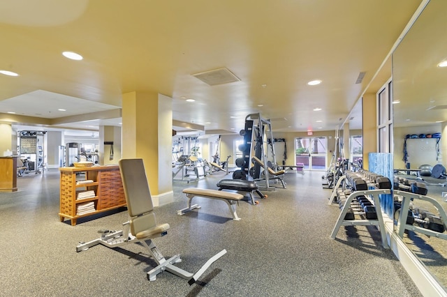 gym featuring visible vents and recessed lighting