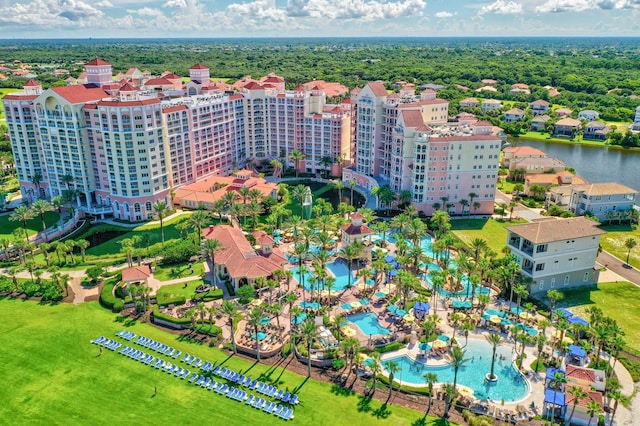 bird's eye view with a water view