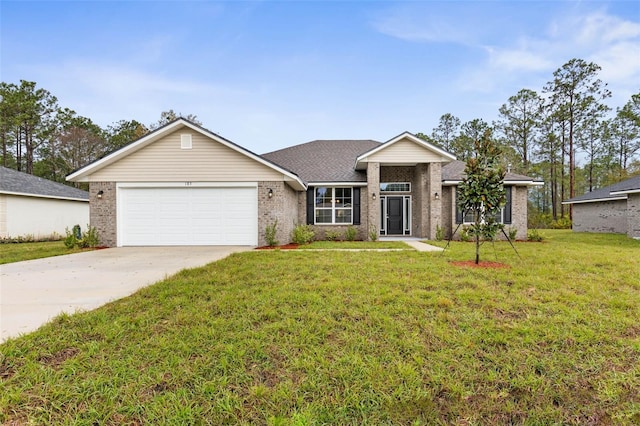 ranch-style house with concrete driveway, brick siding, a garage, and a front lawn