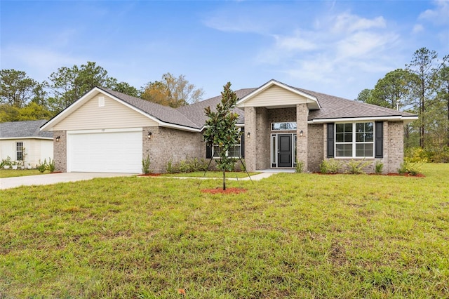 view of front of house with a garage, driveway, brick siding, and a front yard