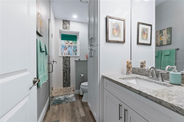 bathroom with hardwood / wood-style flooring, vanity, toilet, and a shower with door