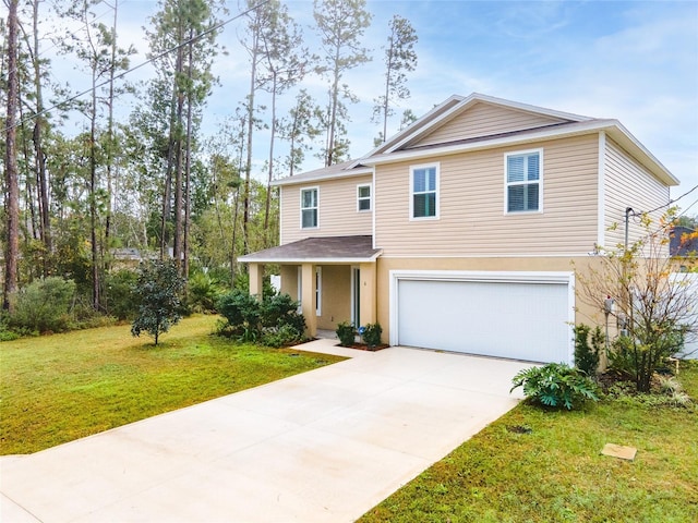 view of property with a garage and a front lawn