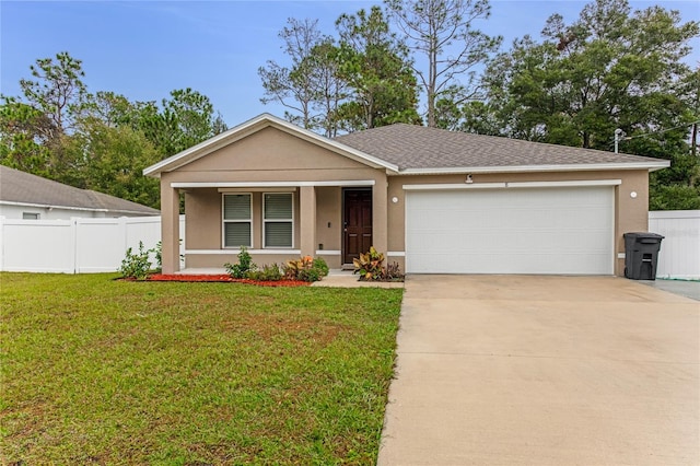 ranch-style house featuring a front lawn, a porch, and a garage