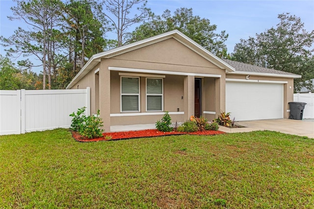 single story home with a garage and a front yard