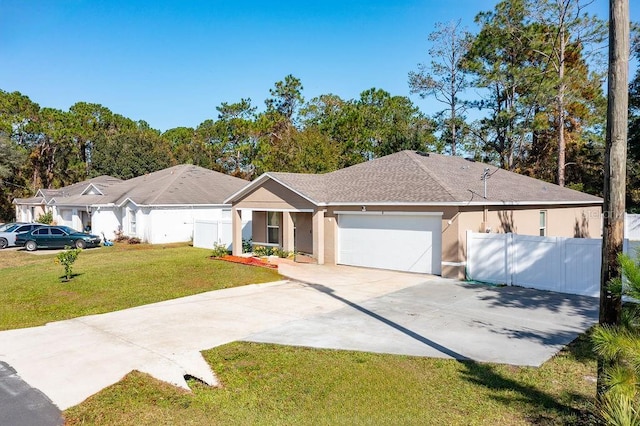 single story home with a front yard and a garage