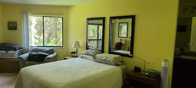 bedroom featuring carpet floors and sink