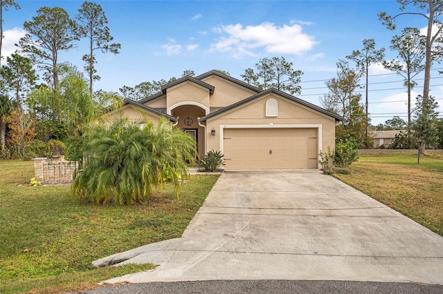 view of front of home featuring a garage and a front lawn