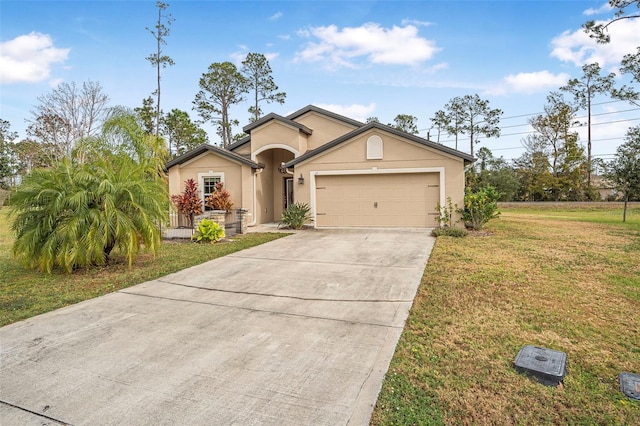 ranch-style home with a front lawn and a garage