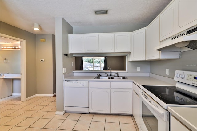 kitchen with white appliances, ventilation hood, sink, white cabinets, and light tile patterned flooring