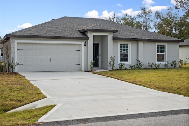 ranch-style home featuring a front yard and a garage