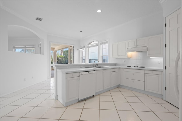 kitchen with white appliances, pendant lighting, crown molding, white cabinets, and sink