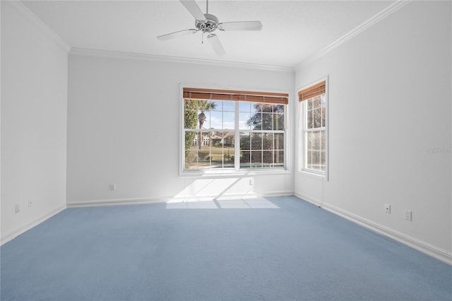 empty room featuring ceiling fan, crown molding, and carpet flooring