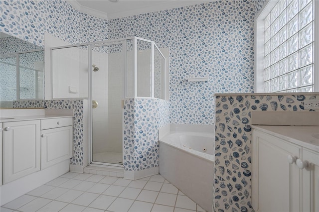 bathroom with independent shower and bath, vanity, tile patterned floors, and crown molding