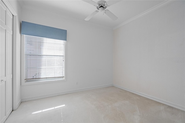 carpeted empty room with ceiling fan and ornamental molding