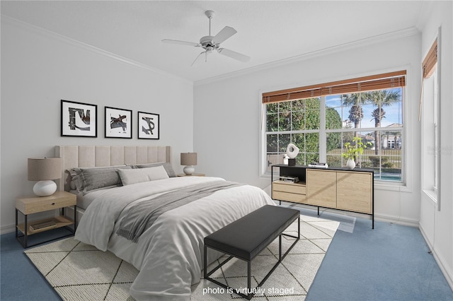 bedroom with light carpet, ornamental molding, and ceiling fan