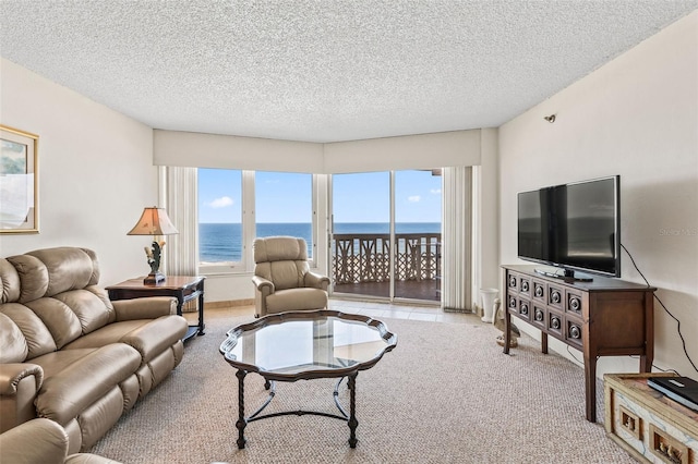 carpeted living room featuring a textured ceiling