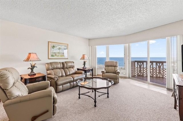 living room with light carpet and a textured ceiling