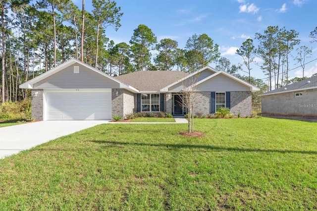 ranch-style home with a front lawn and a garage