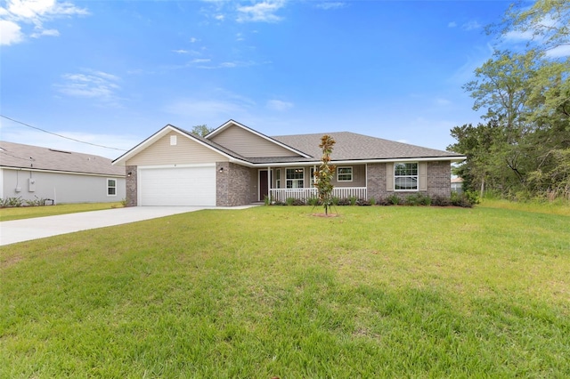 ranch-style home with a porch, a garage, and a front lawn