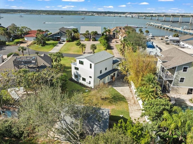 drone / aerial view featuring a water view