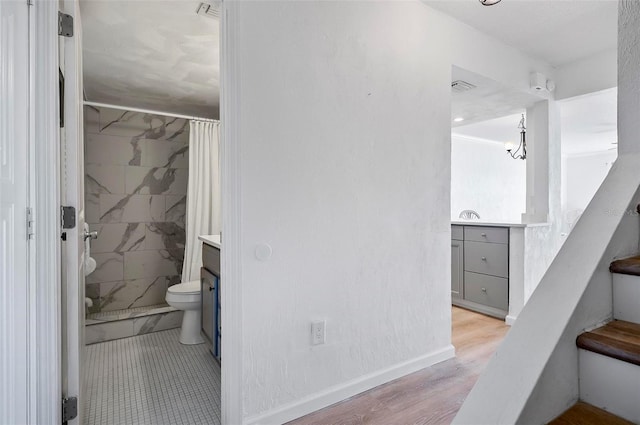 bathroom featuring toilet, hardwood / wood-style floors, vanity, and a shower with curtain