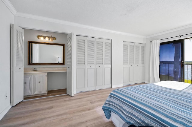 bedroom featuring a textured ceiling, light hardwood / wood-style floors, multiple closets, and ornamental molding