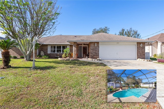 ranch-style home featuring a garage and a front yard