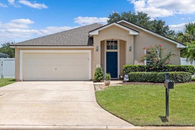 ranch-style house featuring a front lawn and a garage