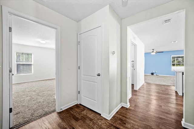 corridor with dark hardwood / wood-style floors and a textured ceiling