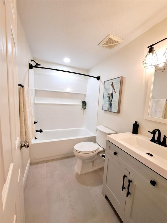 full bathroom with shower / bathing tub combination, tile patterned flooring, vanity, and toilet